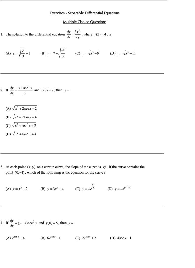 Separable Differential Equations in Further Applications of Integration